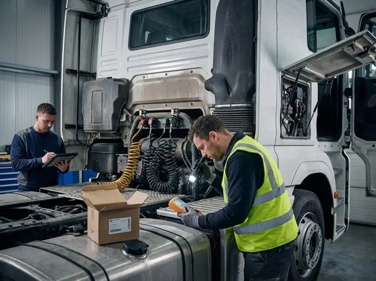Technician diagnosing semi truck engine electrical and cooling systems