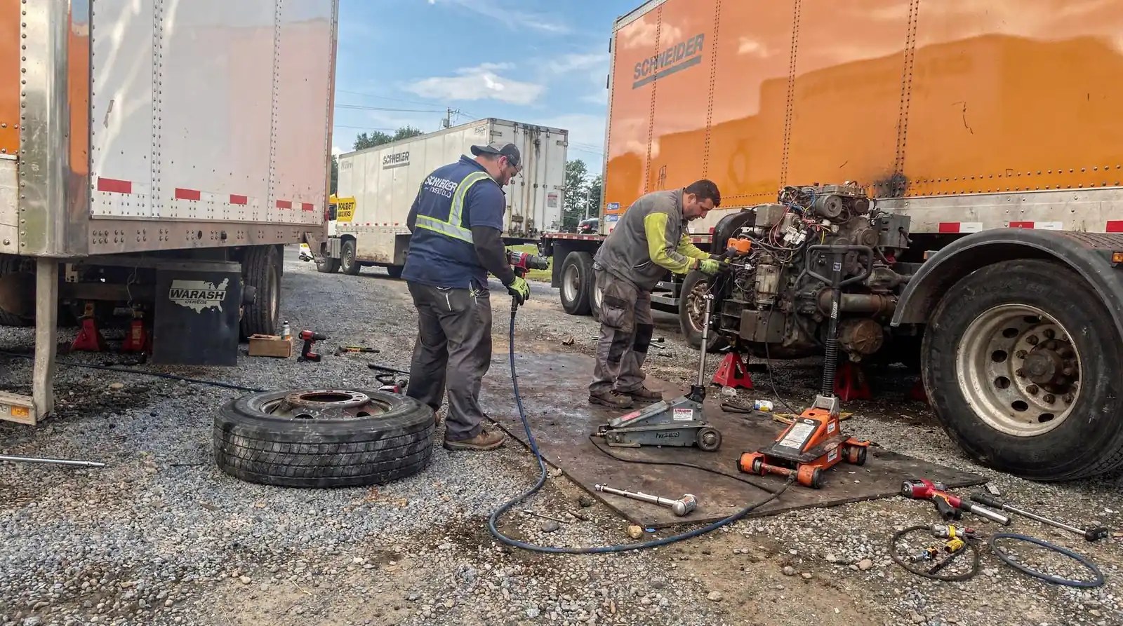 Two CPA technicians replacing a trailer wheel and axle assembly on an orange Schneider semi trailer during a mobile service call