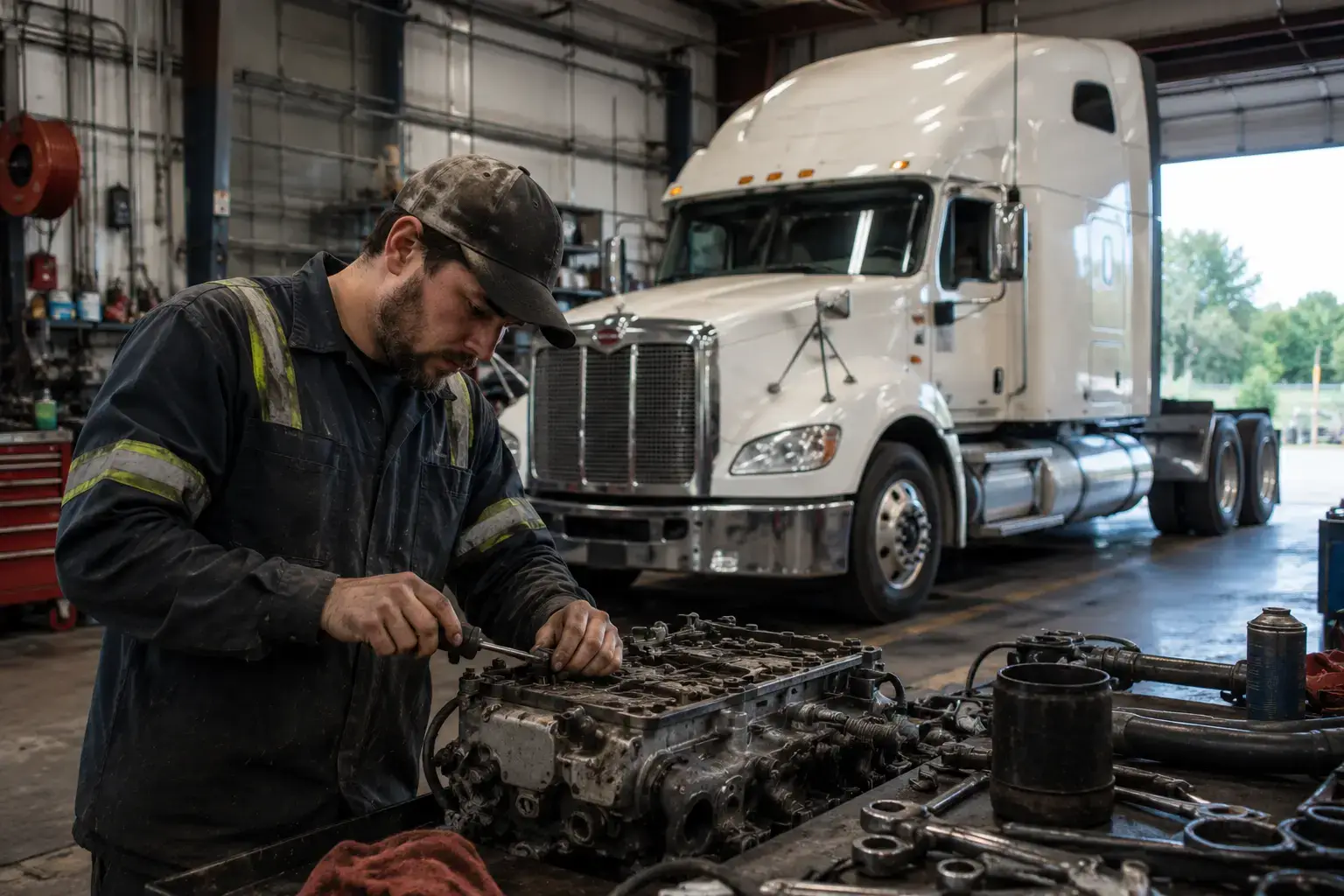 Mobile mechanics troubleshooting a semi truck engine on a West Virginia highway shoulder