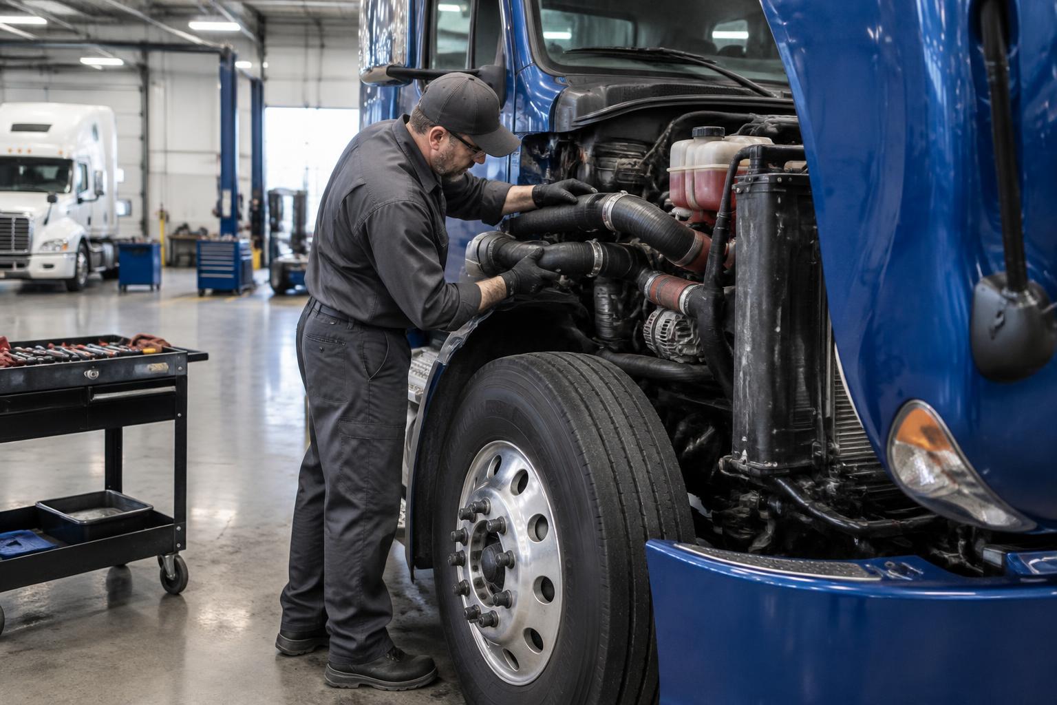 Illustration of a mechanic inspecting a semi truck cooling system during preventative maintenance