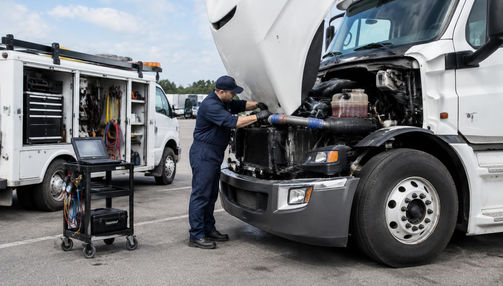Illustration of a mobile diesel mechanic inspecting a semi truck's cooling system beside a service vehicle