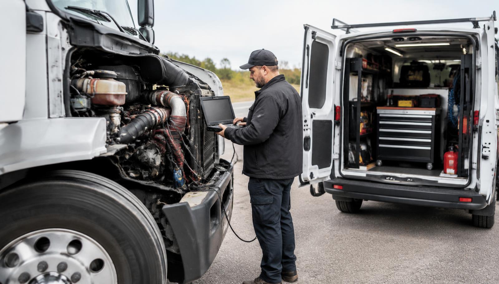 Illustration of a mobile diesel technician diagnosing a semi truck with a laptop beside a service van