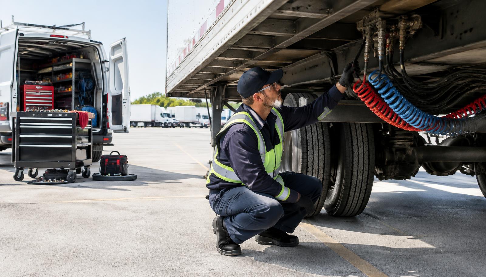 Illustration of a mobile technician inspecting a commercial trailer's air hoses and brake connections