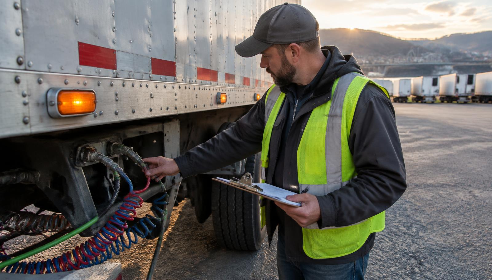 Technician checking semi trailer marker lights and air line connections with a maintenance checklist