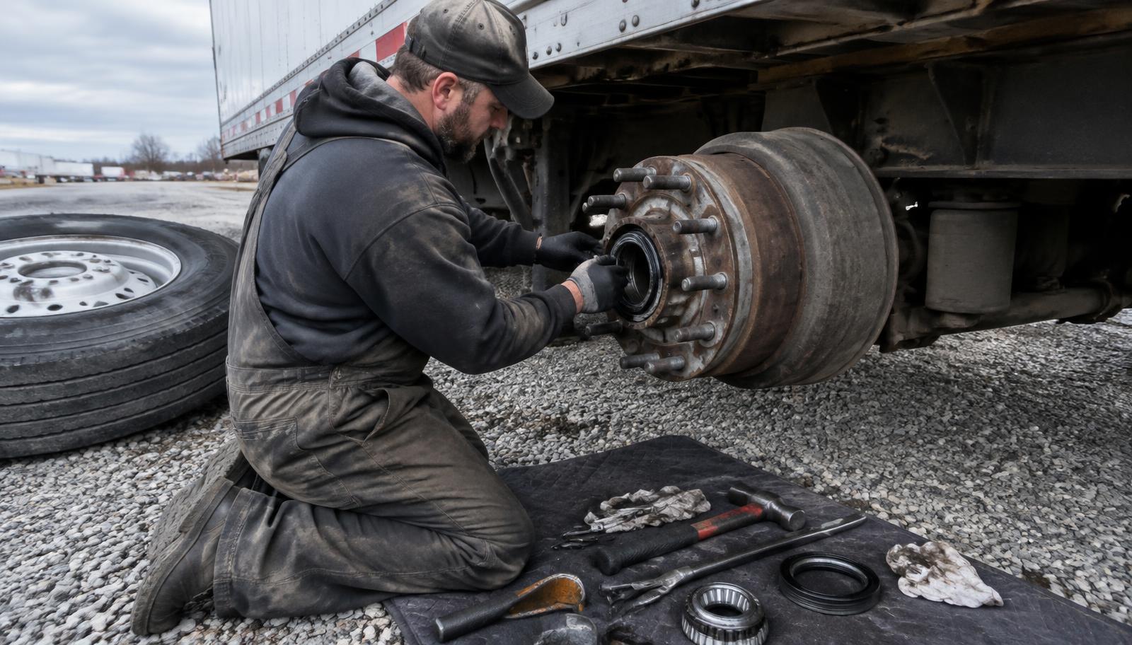 Technician replacing a semi trailer wheel seal at the hub