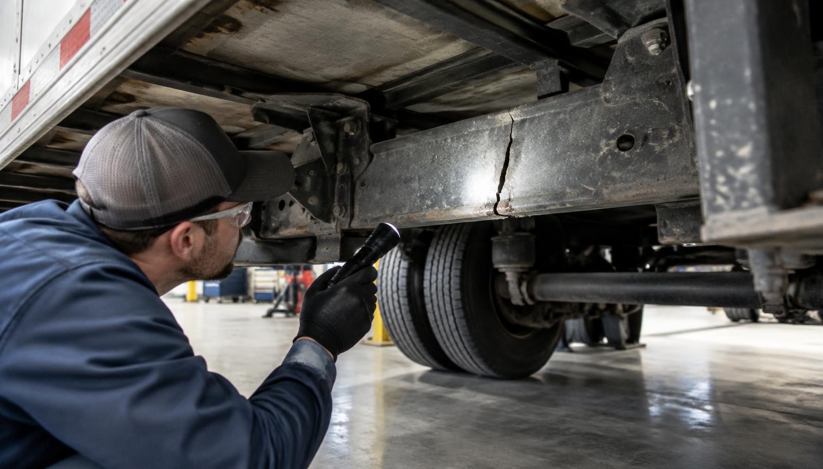 Technician inspecting a cracked semi trailer crossmember with a flashlight